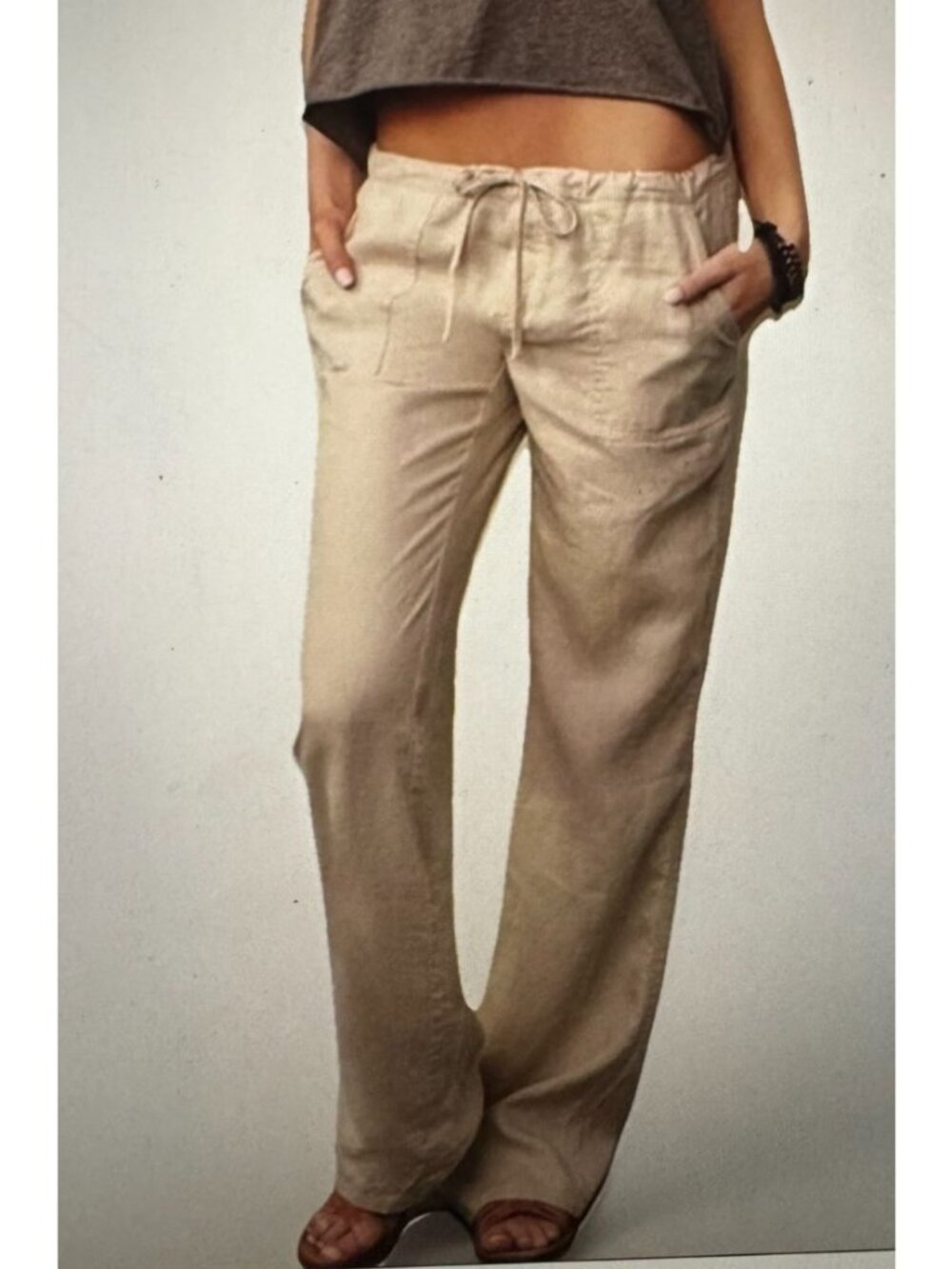 LONDON JEAN 100% Linen Wide Leg Pants XL Beige Drawstring Drawstring Pockets S